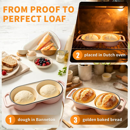 Double Dutch Oven for Sourdough Bread Baking, 2.4QT Enameled Cast Iron Bread Baker with Lid, Dual 1.2QT Round Chambers, 3-Layer Enamel, 500°F Oven Safe for 2 Artisan Loaves