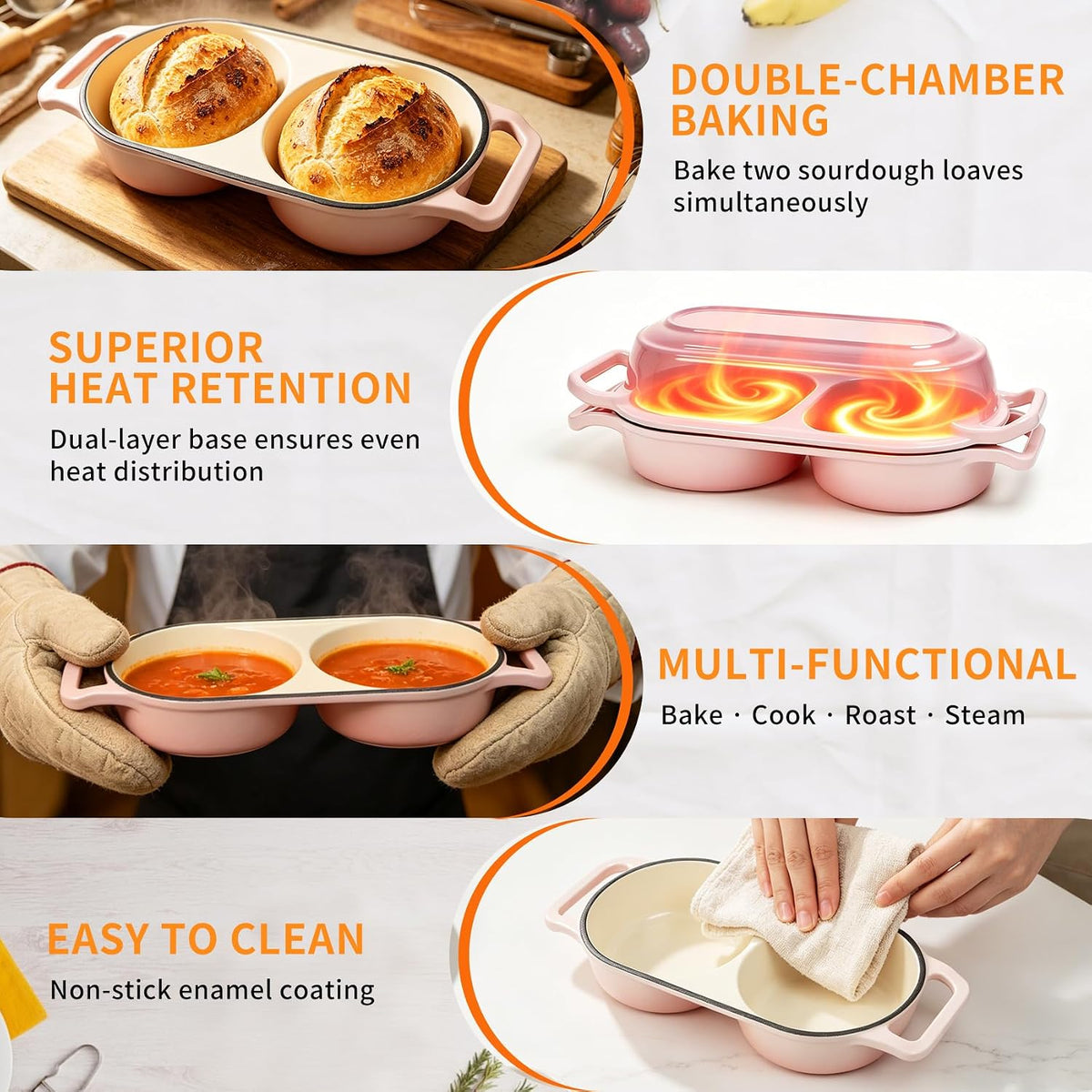 Double Dutch Oven for Sourdough Bread Baking, 2.4QT Enameled Cast Iron Bread Baker with Lid, Dual 1.2QT Round Chambers, 3-Layer Enamel, 500°F Oven Safe for 2 Artisan Loaves