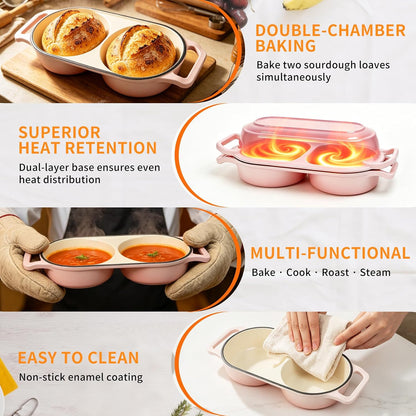 Double Dutch Oven for Sourdough Bread Baking, 2.4QT Enameled Cast Iron Bread Baker with Lid, Dual 1.2QT Round Chambers, 3-Layer Enamel, 500°F Oven Safe for 2 Artisan Loaves
