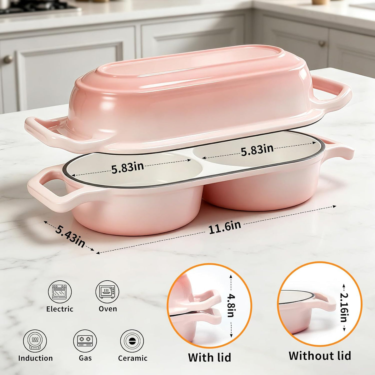 Double Dutch Oven for Sourdough Bread Baking, 2.4QT Enameled Cast Iron Bread Baker with Lid, Dual 1.2QT Round Chambers, 3-Layer Enamel, 500°F Oven Safe for 2 Artisan Loaves