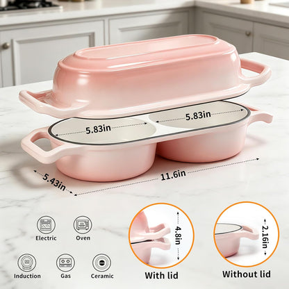 Double Dutch Oven for Sourdough Bread Baking, 2.4QT Enameled Cast Iron Bread Baker with Lid, Dual 1.2QT Round Chambers, 3-Layer Enamel, 500°F Oven Safe for 2 Artisan Loaves