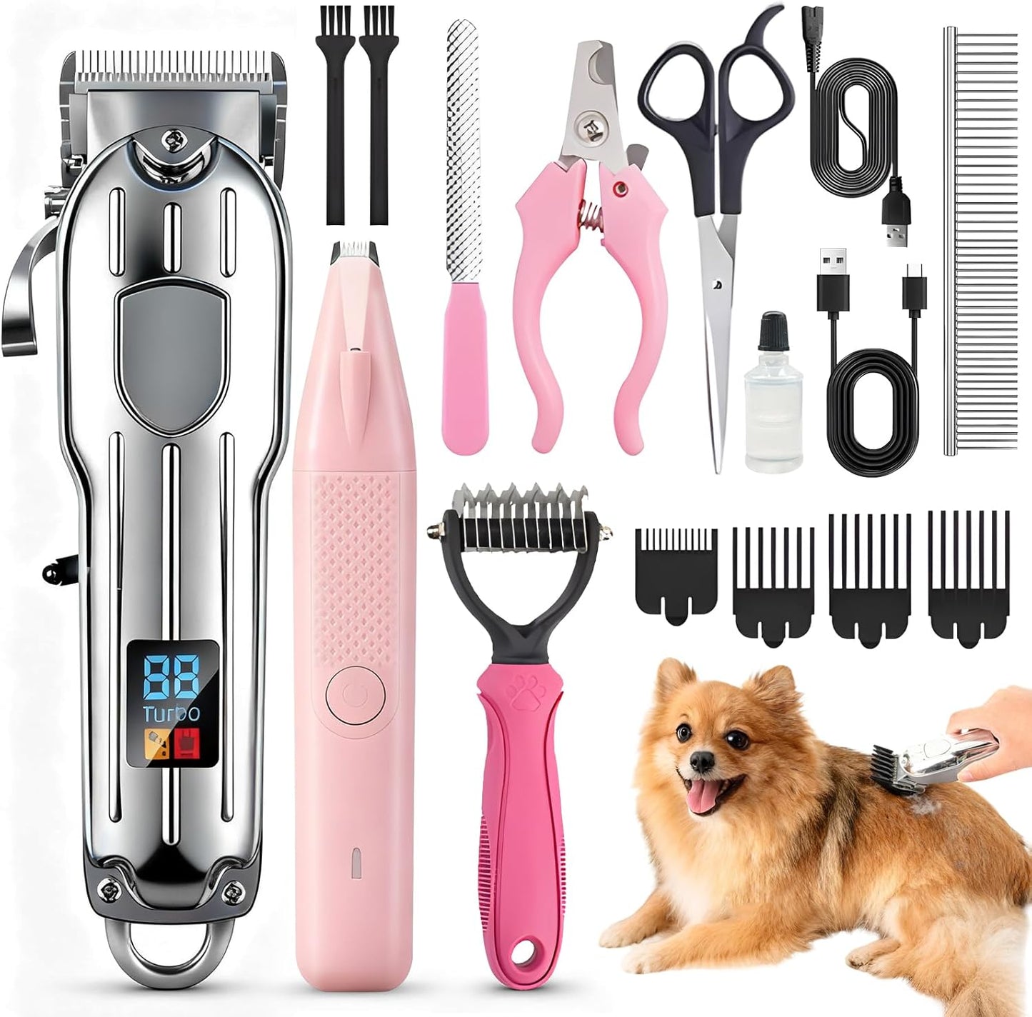 Dog Grooming Kit with Dog Clippers Rechargeable Wireless Grooming Clippers, Pet Trimmer for Thick Fur, Stainless Steel Blades & Nail Trimmer
