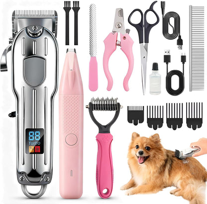 Dog Grooming Kit with Dog Clippers Rechargeable Wireless Grooming Clippers, Pet Trimmer for Thick Fur, Stainless Steel Blades & Nail Trimmer