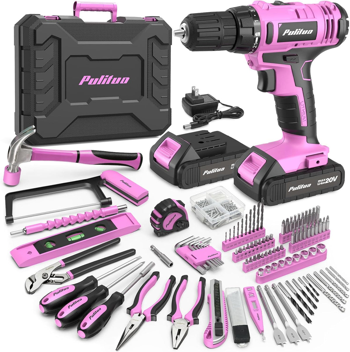Power Drill Tool Kit with 20V Cordless Drill/Driver, Electric Screwdriver, 2 Batteries & Charger, LED Light, 199-Piece Pink Home DIY Tool Set with Toolbox, Drill Set for Women & Men (Pink)
