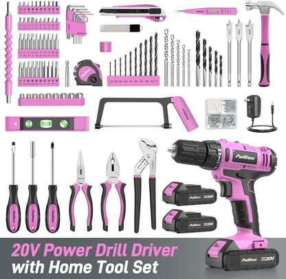 Power Drill Tool Kit with 20V Cordless Drill/Driver, Electric Screwdriver, 2 Batteries & Charger, LED Light, 199-Piece Pink Home DIY Tool Set with Toolbox, Drill Set for Women & Men (Pink)