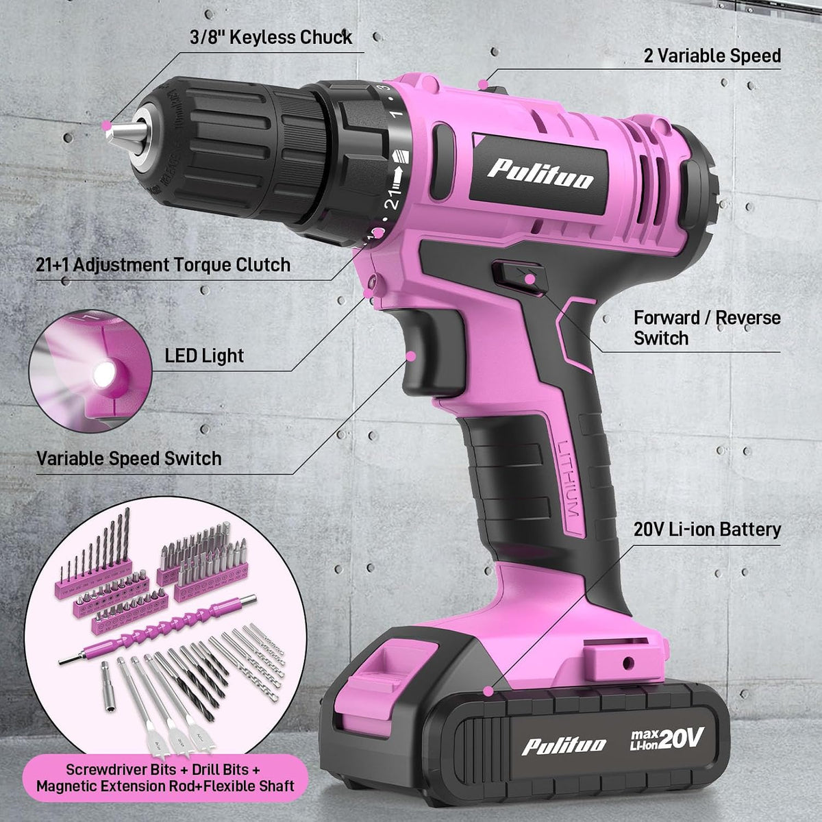 Power Drill Tool Kit with 20V Cordless Drill/Driver, Electric Screwdriver, 2 Batteries & Charger, LED Light, 199-Piece Pink Home DIY Tool Set with Toolbox, Drill Set for Women & Men (Pink)