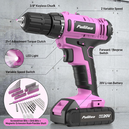 Power Drill Tool Kit with 20V Cordless Drill/Driver, Electric Screwdriver, 2 Batteries & Charger, LED Light, 199-Piece Pink Home DIY Tool Set with Toolbox, Drill Set for Women & Men (Pink)