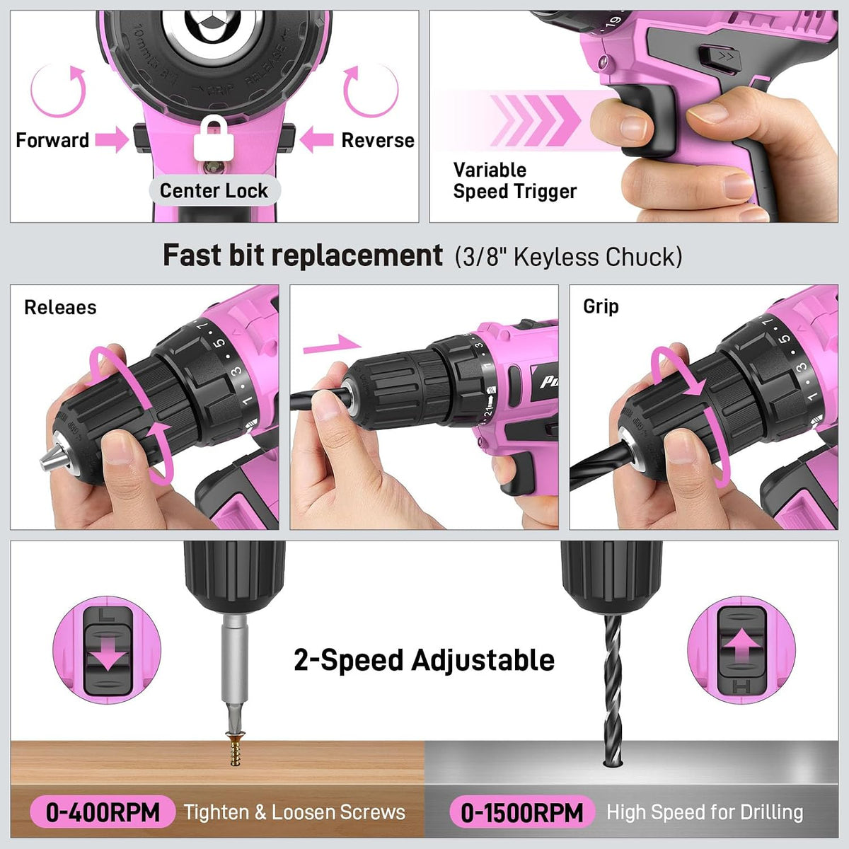 Power Drill Tool Kit with 20V Cordless Drill/Driver, Electric Screwdriver, 2 Batteries & Charger, LED Light, 199-Piece Pink Home DIY Tool Set with Toolbox, Drill Set for Women & Men (Pink)