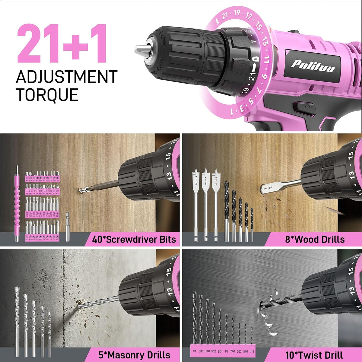 Power Drill Tool Kit with 20V Cordless Drill/Driver, Electric Screwdriver, 2 Batteries & Charger, LED Light, 199-Piece Pink Home DIY Tool Set with Toolbox, Drill Set for Women & Men (Pink)