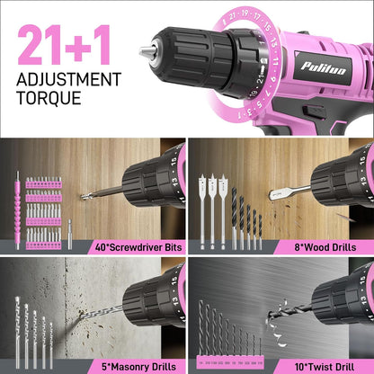 Power Drill Tool Kit with 20V Cordless Drill/Driver, Electric Screwdriver, 2 Batteries & Charger, LED Light, 199-Piece Pink Home DIY Tool Set with Toolbox, Drill Set for Women & Men (Pink)