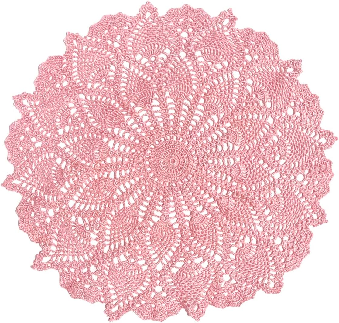 Anniversary Mother's Day Lace Placemats Table Doilies Round Handmade Crochet Doily Kitchen Cup Mug Mats (Pink, 16 to 18 inches-1PC)