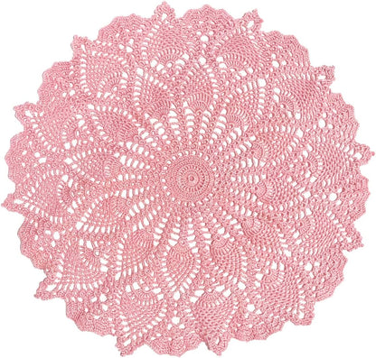 Anniversary Mother's Day Lace Placemats Table Doilies Round Handmade Crochet Doily Kitchen Cup Mug Mats (Pink, 16 to 18 inches-1PC)