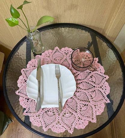 Anniversary Mother's Day Lace Placemats Table Doilies Round Handmade Crochet Doily Kitchen Cup Mug Mats (Pink, 16 to 18 inches-1PC)
