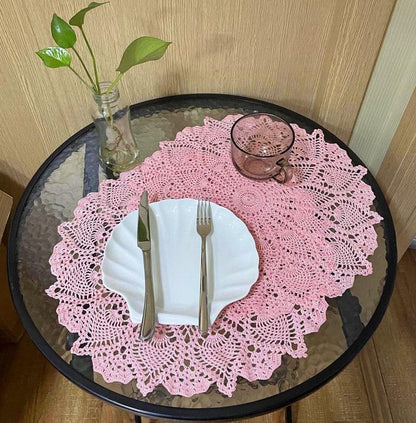 Anniversary Mother's Day Lace Placemats Table Doilies Round Handmade Crochet Doily Kitchen Cup Mug Mats (Pink, 16 to 18 inches-1PC)