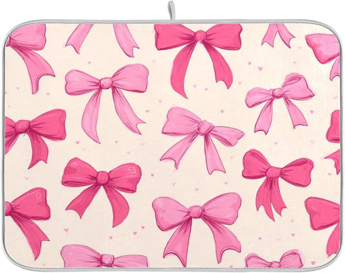 Pink Bows on A Light Dish Drying Mat Absorbent Dishes Drainer Rack Mats Microfiber Reversible Dish Drying Pad Fast Dry Kitchen Accessories 16x18in For Kitchen Counter