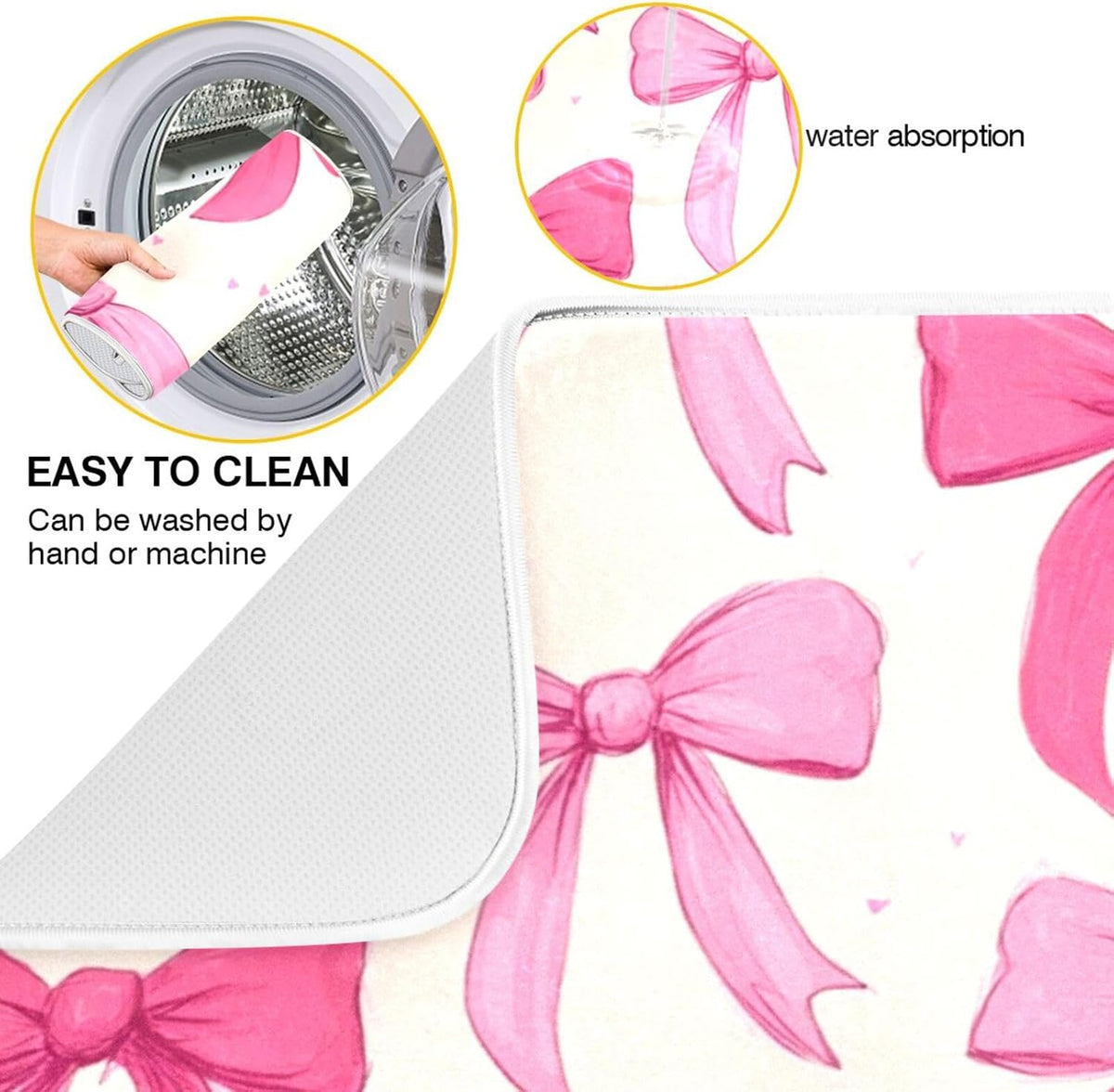 Pink Bows on A Light Dish Drying Mat Absorbent Dishes Drainer Rack Mats Microfiber Reversible Dish Drying Pad Fast Dry Kitchen Accessories 16x18in For Kitchen Counter
