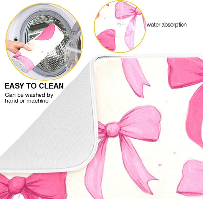 Pink Bows on A Light Dish Drying Mat Absorbent Dishes Drainer Rack Mats Microfiber Reversible Dish Drying Pad Fast Dry Kitchen Accessories 16x18in For Kitchen Counter