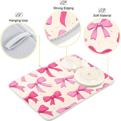 Pink Bows on A Light Dish Drying Mat Absorbent Dishes Drainer Rack Mats Microfiber Reversible Dish Drying Pad Fast Dry Kitchen Accessories 16x18in For Kitchen Counter