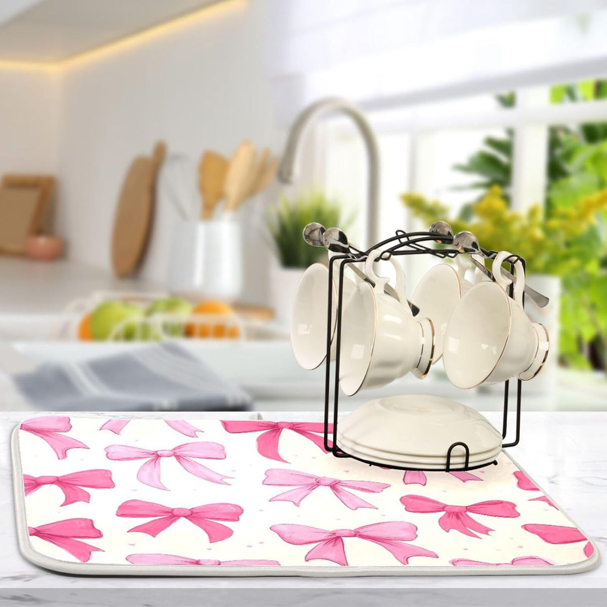 Pink Bows on A Light Dish Drying Mat Absorbent Dishes Drainer Rack Mats Microfiber Reversible Dish Drying Pad Fast Dry Kitchen Accessories 16x18in For Kitchen Counter