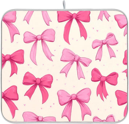 Pink Bows on A Light Dish Drying Mat Absorbent Dishes Drainer Rack Mats Microfiber Reversible Dish Drying Pad Fast Dry Kitchen Accessories 16x18in For Kitchen Counter