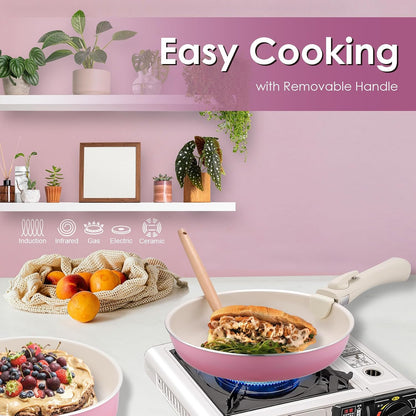 20pcs Ceramic Cookware Set Nonstick, Detachable Handle Pots and Pans Set, Non Toxic,No PFAS & PTFE & PFOA, Dishwasher/Oven Safe, RV Kitchen Set Removable Handle for Cooking, Pink