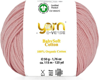 Babysoft Cotton Yarn, , 100% Organic Cotton, Soft & Hypoallergenic, Ideal for Baby Knitting, Crocheting, Amigurumi & DIY Projects, Organic Textile Certified, 50g (1, 125 Peach Pink)