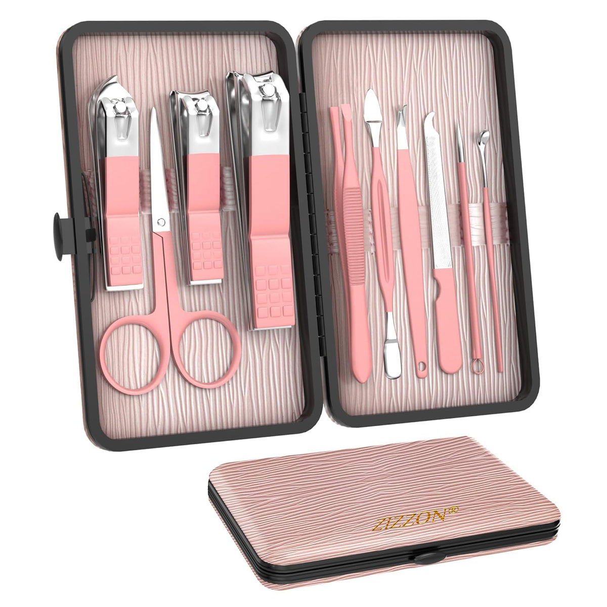 Travel Mini Manicure Set Nail Clipper Set 10 in 1 Stainless Steel Pedicure Care Grooming kit with Case Pink