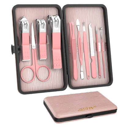 Travel Mini Manicure Set Nail Clipper Set 10 in 1 Stainless Steel Pedicure Care Grooming kit with Case Pink