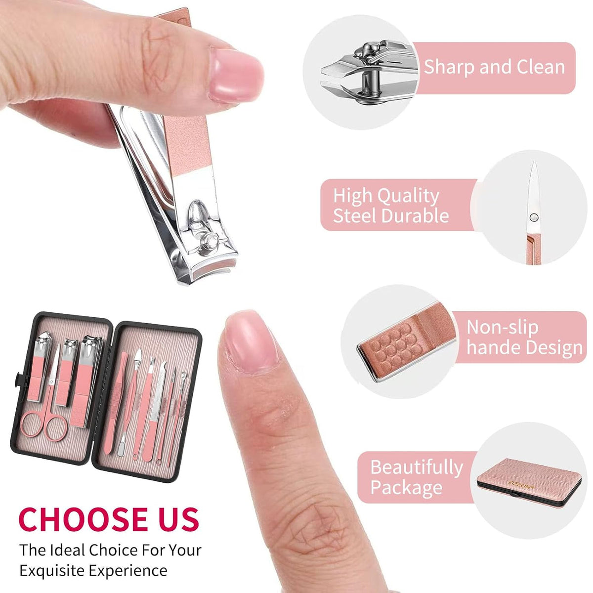 Travel Mini Manicure Set Nail Clipper Set 10 in 1 Stainless Steel Pedicure Care Grooming kit with Case Pink