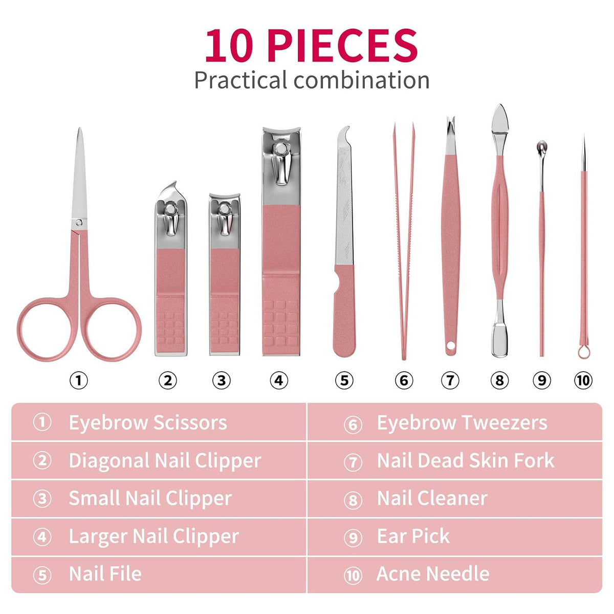 Travel Mini Manicure Set Nail Clipper Set 10 in 1 Stainless Steel Pedicure Care Grooming kit with Case Pink