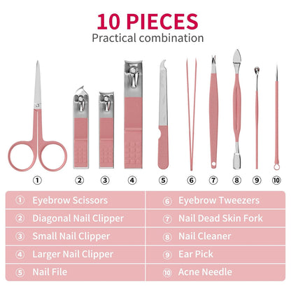 Travel Mini Manicure Set Nail Clipper Set 10 in 1 Stainless Steel Pedicure Care Grooming kit with Case Pink