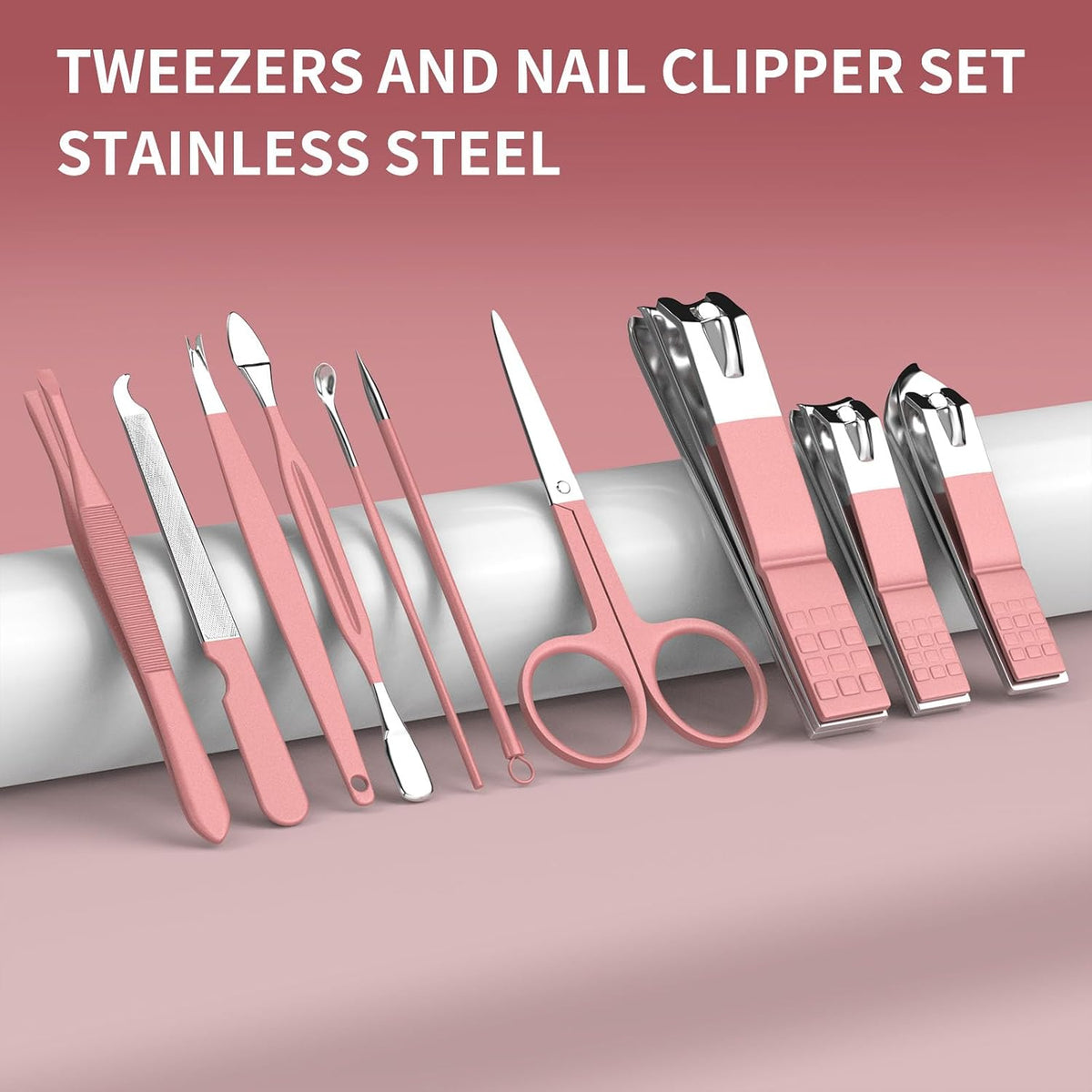 Travel Mini Manicure Set Nail Clipper Set 10 in 1 Stainless Steel Pedicure Care Grooming kit with Case Pink