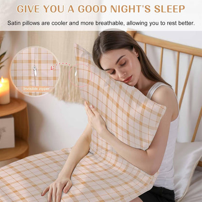 Cream Buffalo Plaid Pillow Cases Cal King Size, Modern Farmhouse Peach Pink Checkered Satin Pillowcase with Zipper for Hair/Skin, Decorative Pillow Covers for Bed/Couch/Sofa, 20x40 Inches