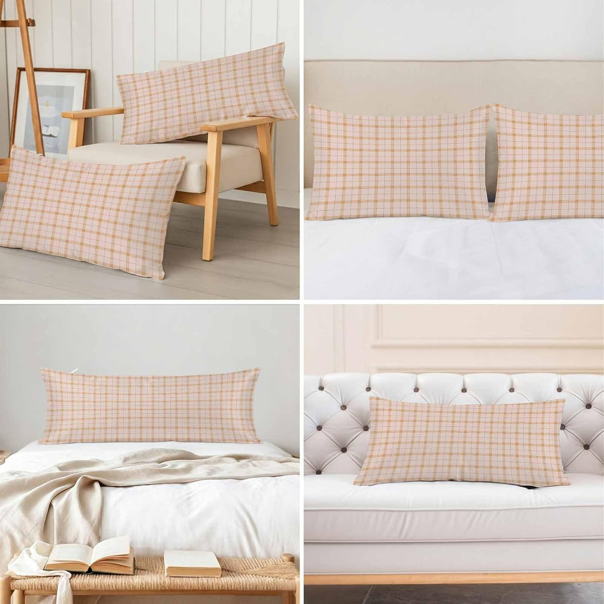 Cream Buffalo Plaid Pillow Cases Cal King Size, Modern Farmhouse Peach Pink Checkered Satin Pillowcase with Zipper for Hair/Skin, Decorative Pillow Covers for Bed/Couch/Sofa, 20x40 Inches