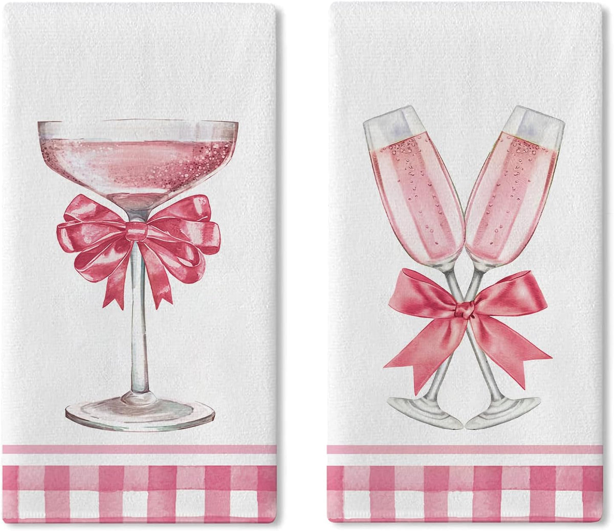 Pink Champagne Kitchen Dish Towels Set of 2, Romantic Coquette Bow