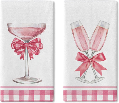 Pink Champagne Kitchen Dish Towels Set of 2, Romantic Coquette Bow