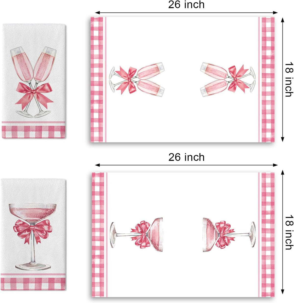 Pink Champagne Kitchen Dish Towels Set of 2, Romantic Coquette Bow
