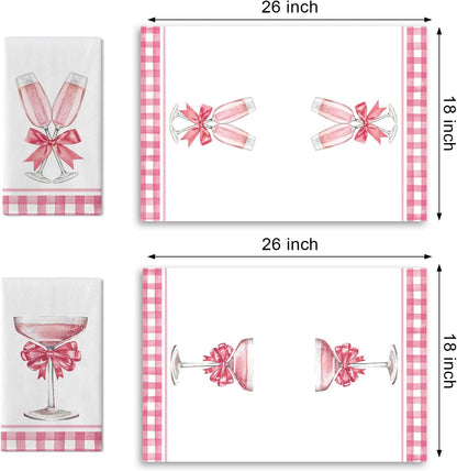 Pink Champagne Kitchen Dish Towels Set of 2, Romantic Coquette Bow