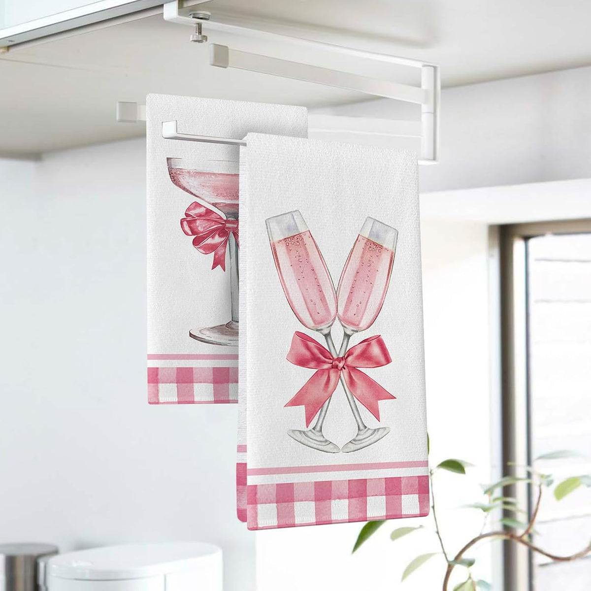 Pink Champagne Kitchen Dish Towels Set of 2, Romantic Coquette Bow