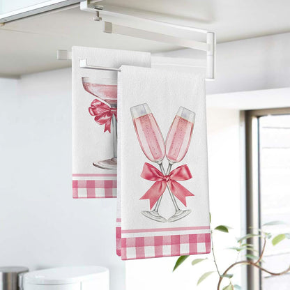 Pink Champagne Kitchen Dish Towels Set of 2, Romantic Coquette Bow