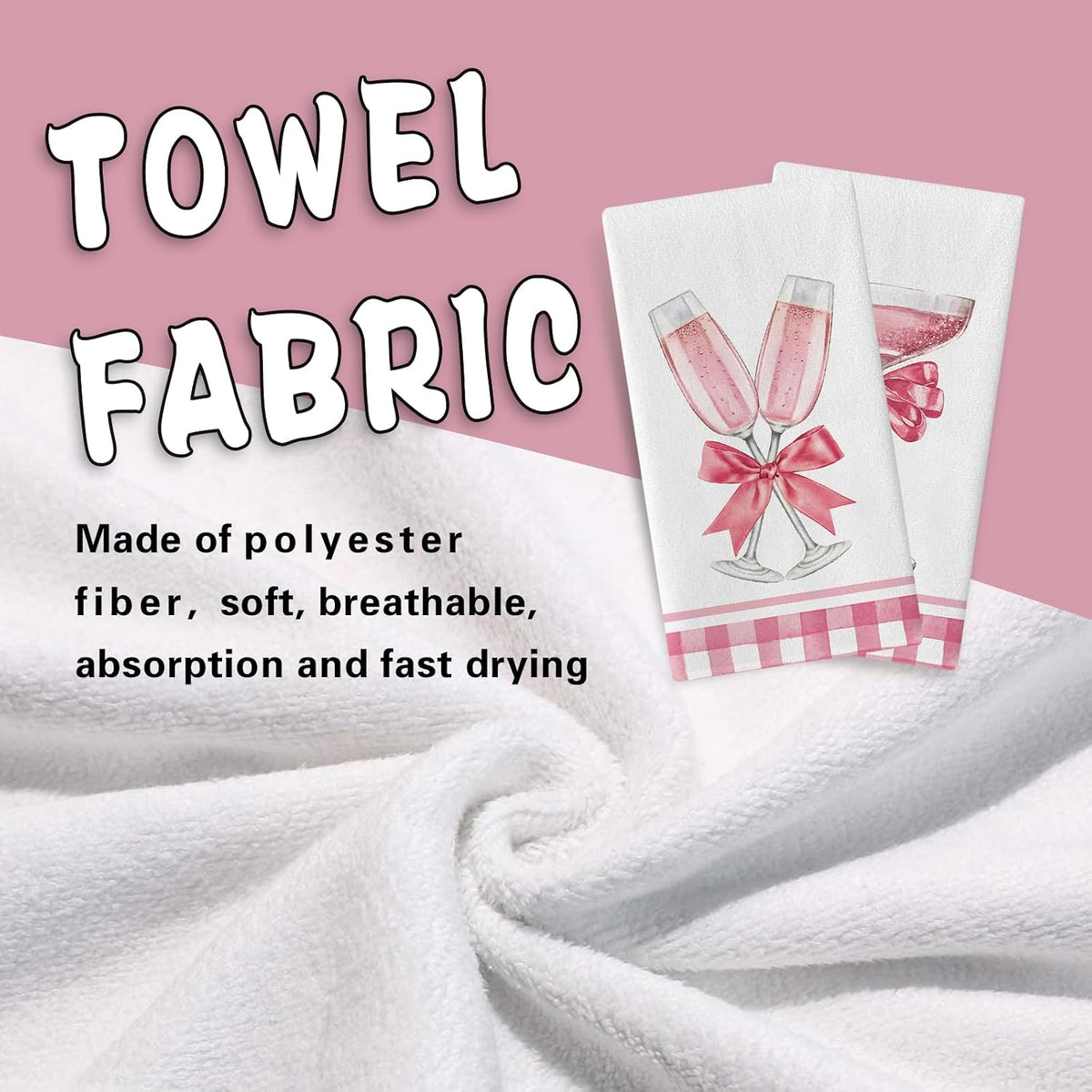 Pink Champagne Kitchen Dish Towels Set of 2, Romantic Coquette Bow