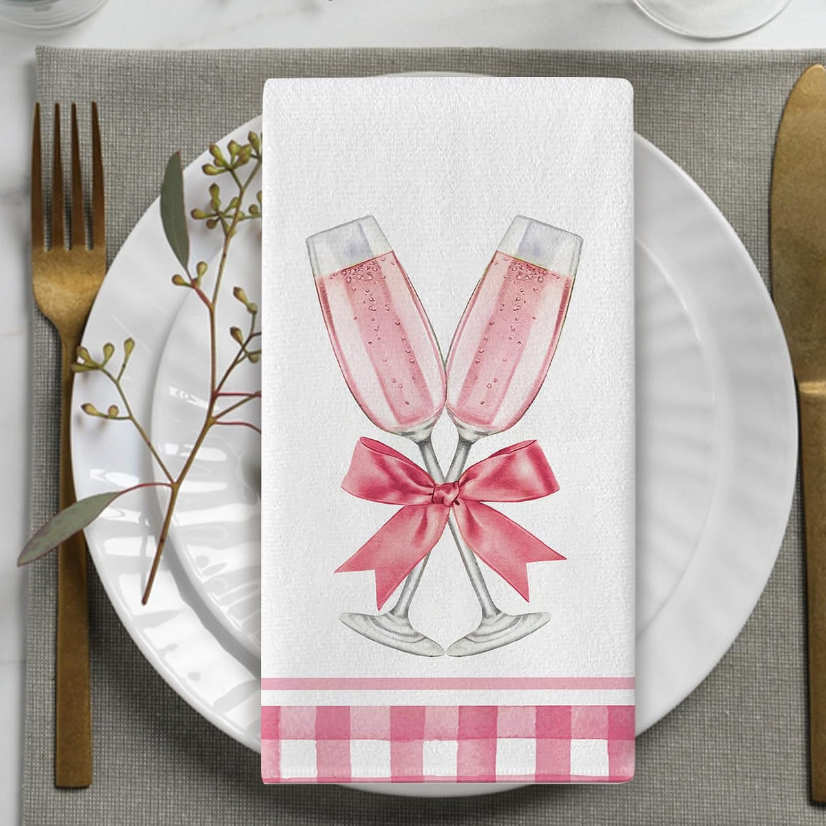 Pink Champagne Kitchen Dish Towels Set of 2, Romantic Coquette Bow