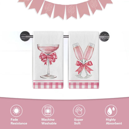 Pink Champagne Kitchen Dish Towels Set of 2, Romantic Coquette Bow