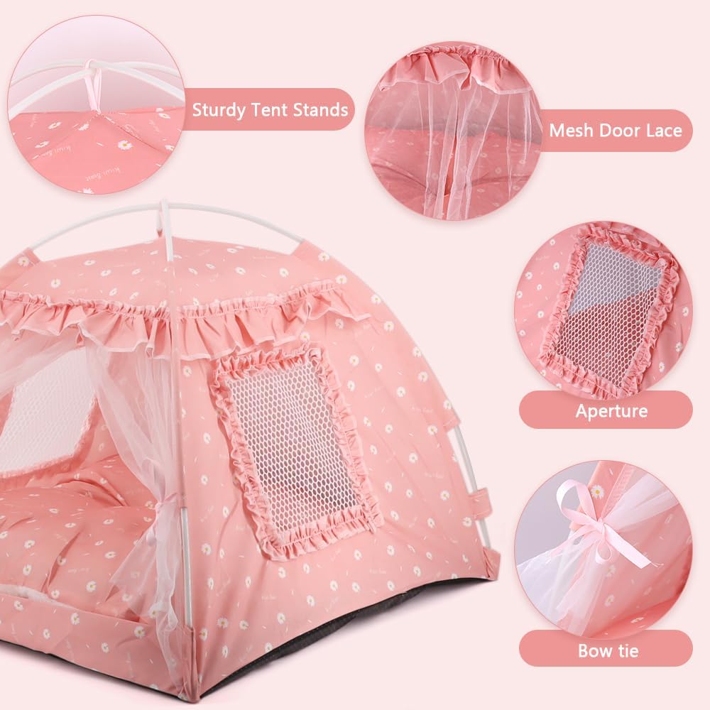 Dog Tent Indoor Cat House Pink Puppy Bed Portable Pet Teepe Princess Dog Camping Tent Outdoor Kitten Houses Cute Bunny Nest Girl Kitty Cave, Medium (15.7"x15.7"x14.6")