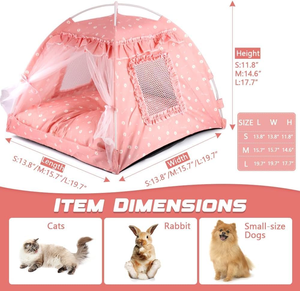 Dog Tent Indoor Cat House Pink Puppy Bed Portable Pet Teepe Princess Dog Camping Tent Outdoor Kitten Houses Cute Bunny Nest Girl Kitty Cave, Medium (15.7"x15.7"x14.6")