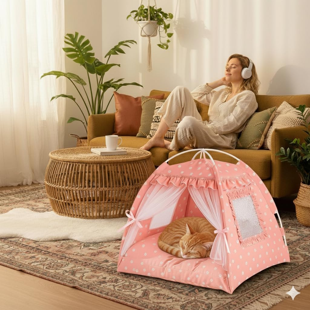 Dog Tent Indoor Cat House Pink Puppy Bed Portable Pet Teepe Princess Dog Camping Tent Outdoor Kitten Houses Cute Bunny Nest Girl Kitty Cave, Medium (15.7"x15.7"x14.6")
