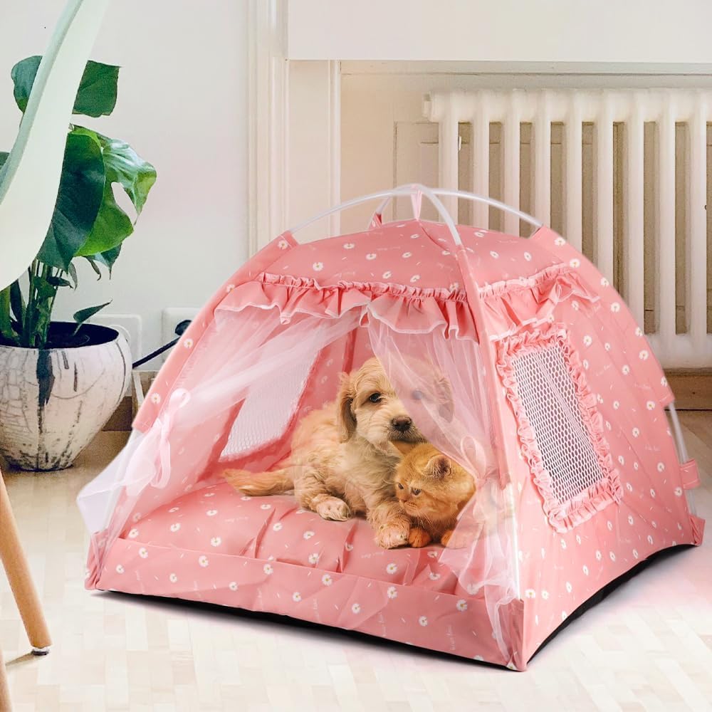 Dog Tent Indoor Cat House Pink Puppy Bed Portable Pet Teepe Princess Dog Camping Tent Outdoor Kitten Houses Cute Bunny Nest Girl Kitty Cave, Medium (15.7"x15.7"x14.6")