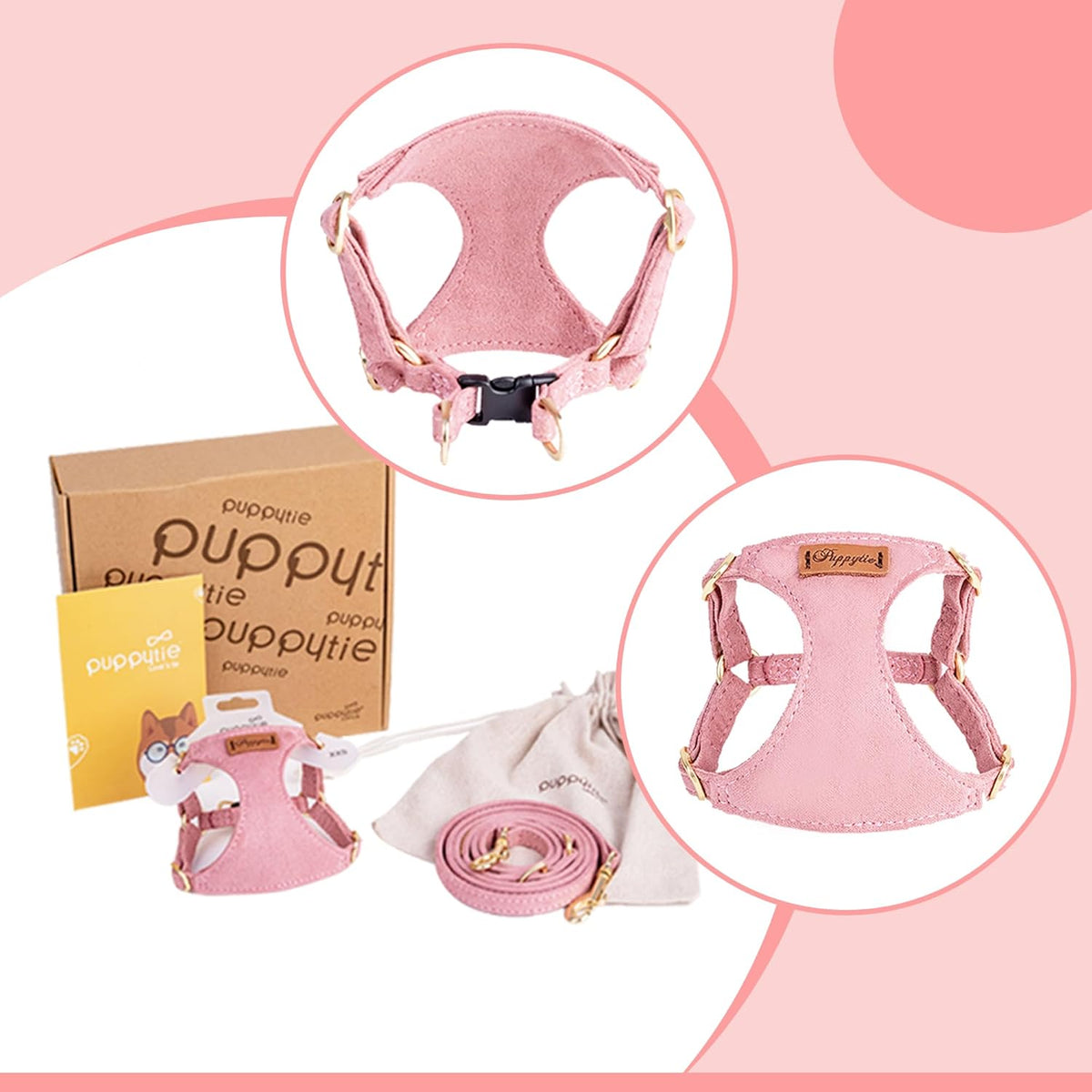 XXS Puppy Harness and Leash Set, Pink, XXS (2.2–6 lbs)