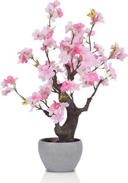 Artificial Pink Cherry Blossom Potted Plant with Stone Pot, 18" Tall Fake Flowers Faux Plants Desk Plant, Realistic Plants Home Indoor Decor for for Home Bedroom Bathroom Office Desk