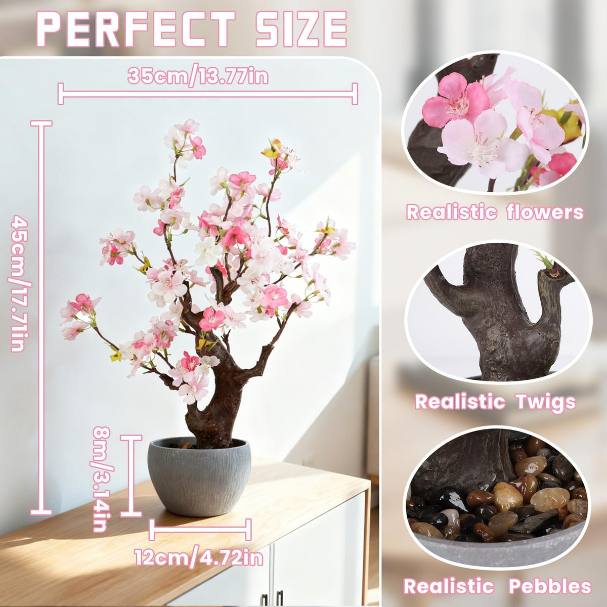 Artificial Pink Cherry Blossom Potted Plant with Stone Pot, 18" Tall Fake Flowers Faux Plants Desk Plant, Realistic Plants Home Indoor Decor for for Home Bedroom Bathroom Office Desk